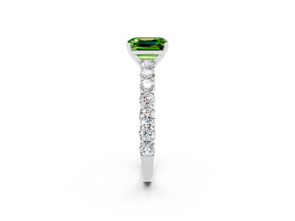 Silver Emerald Cut Peridot Solitaire Ring with Shared Prong Pavé Band and Four-Prong Setting