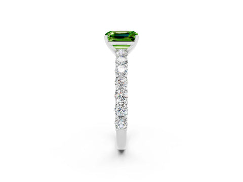 White gold Emerald Cut Peridot Solitaire Ring with Shared Prong Pavé Band and Four-Prong Setting_2