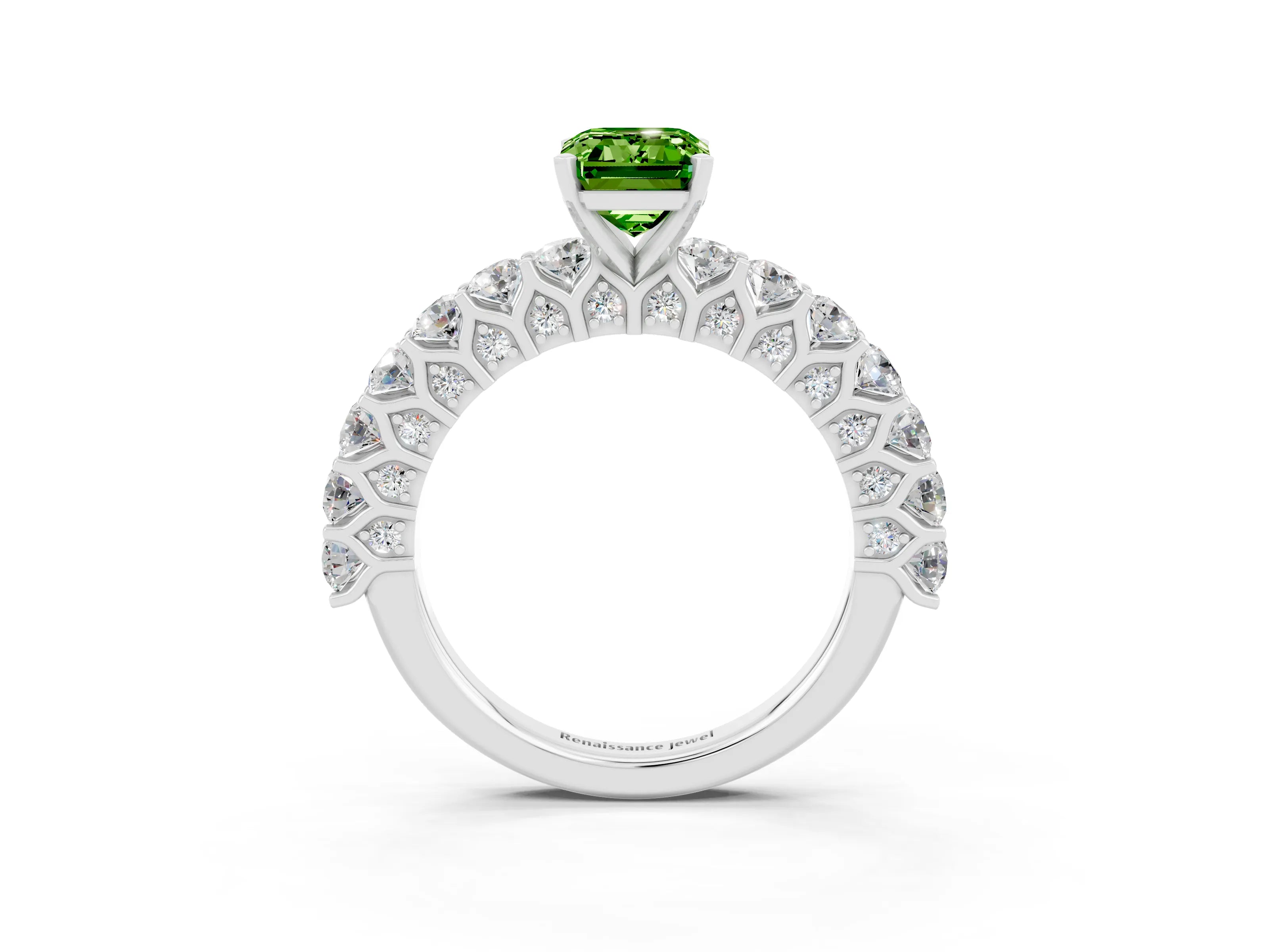 White gold Emerald Cut Peridot Solitaire Ring with Shared Prong Pavé Band and Four-Prong Setting_3