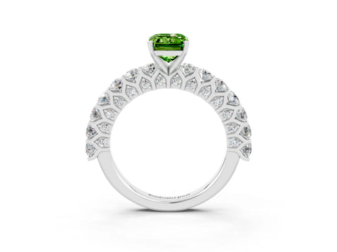 White gold Emerald Cut Peridot Solitaire Ring with Shared Prong Pavé Band and Four-Prong Setting_3