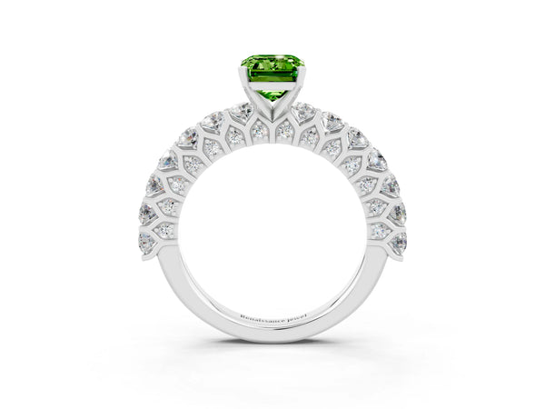 Silver Emerald Cut Peridot Solitaire Ring with Shared Prong Pavé Band and Four-Prong Setting