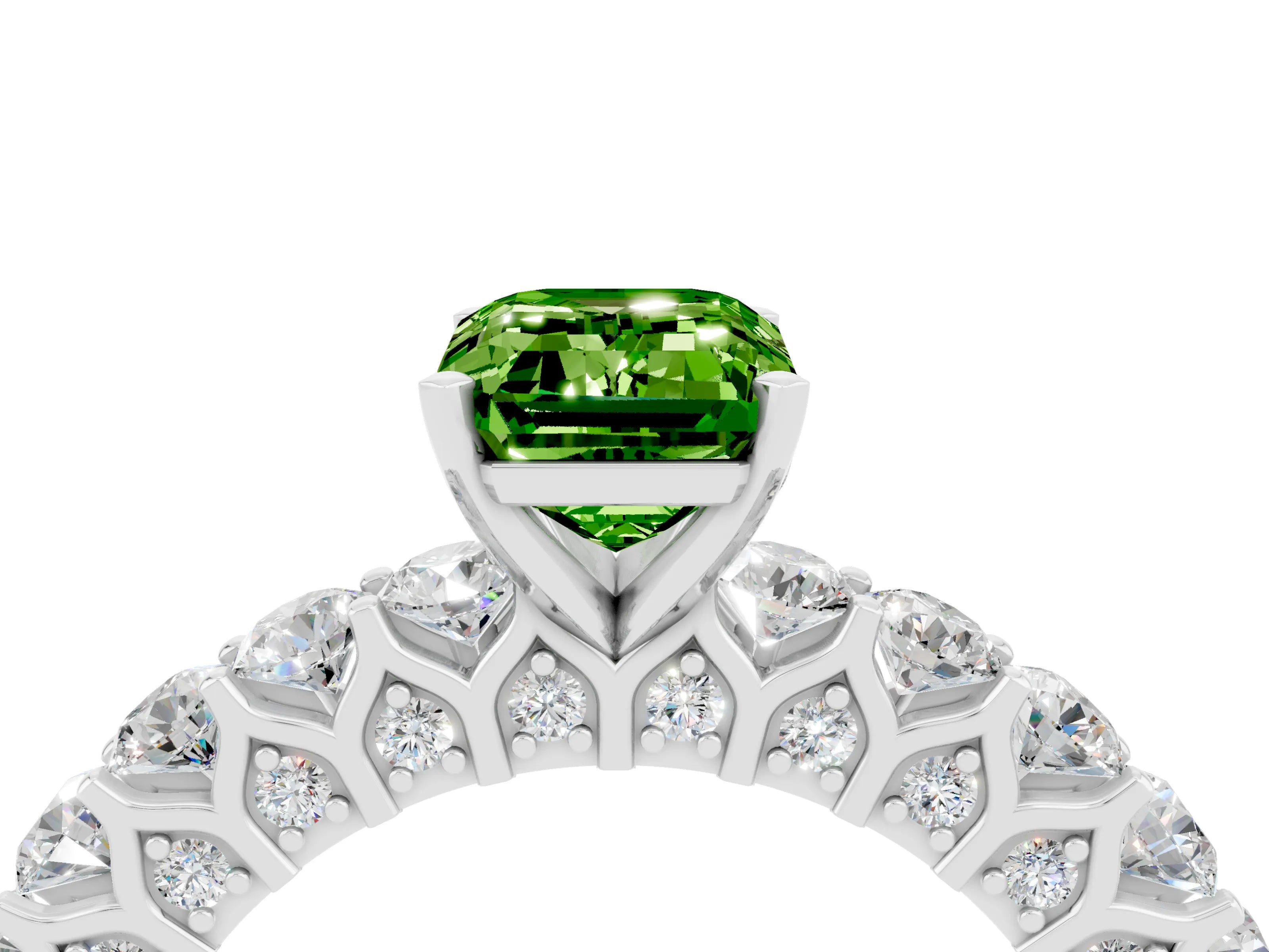White gold Emerald Cut Peridot Solitaire Ring with Shared Prong Pavé Band and Four-Prong Setting_4