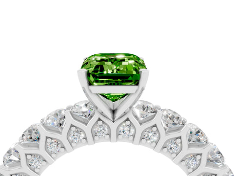 White gold Emerald Cut Peridot Solitaire Ring with Shared Prong Pavé Band and Four-Prong Setting_4