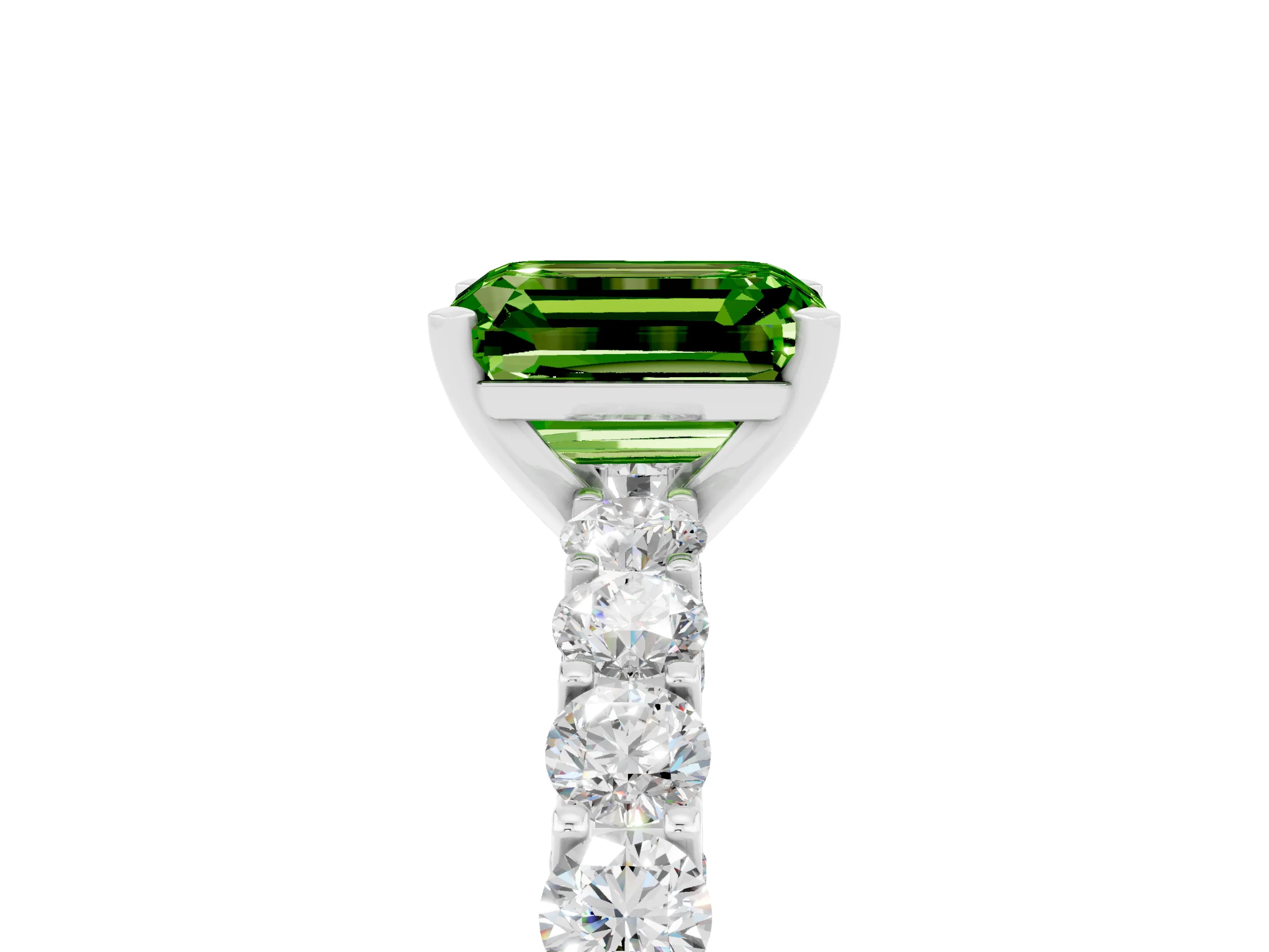 White gold Emerald Cut Peridot Solitaire Ring with Shared Prong Pavé Band and Four-Prong Setting_5