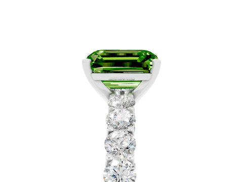 White gold Emerald Cut Peridot Solitaire Ring with Shared Prong Pavé Band and Four-Prong Setting_5