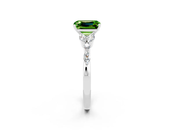 Silver Emerald Cut Peridot Solitaire Ring with Side Stones and Four-Prong Setting