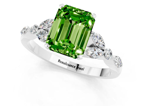 White gold Emerald Cut Peridot Solitaire Ring with Side Stones and Four-Prong Setting_25