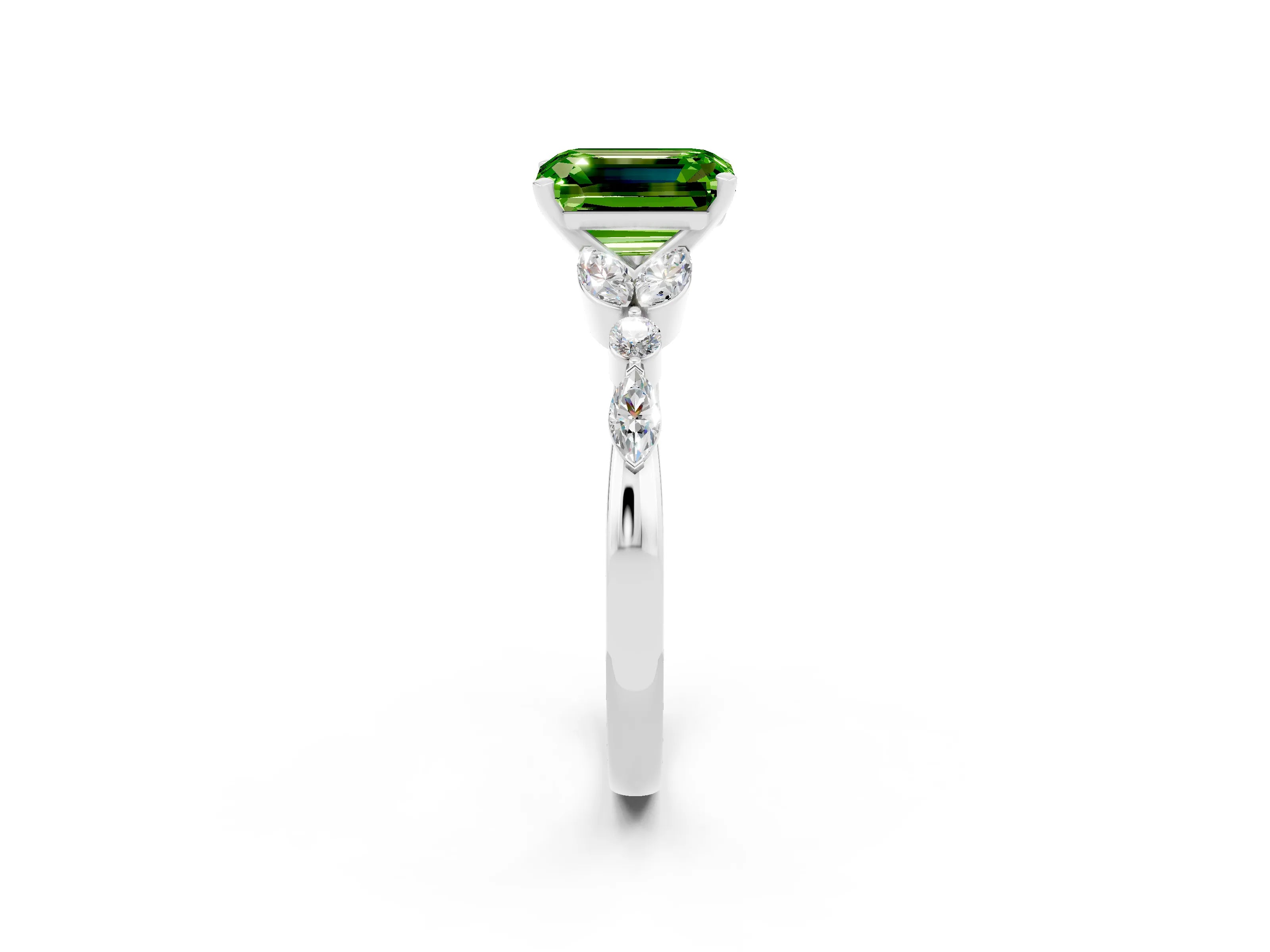 White gold Emerald Cut Peridot Solitaire Ring with Side Stones and Four-Prong Setting_26
