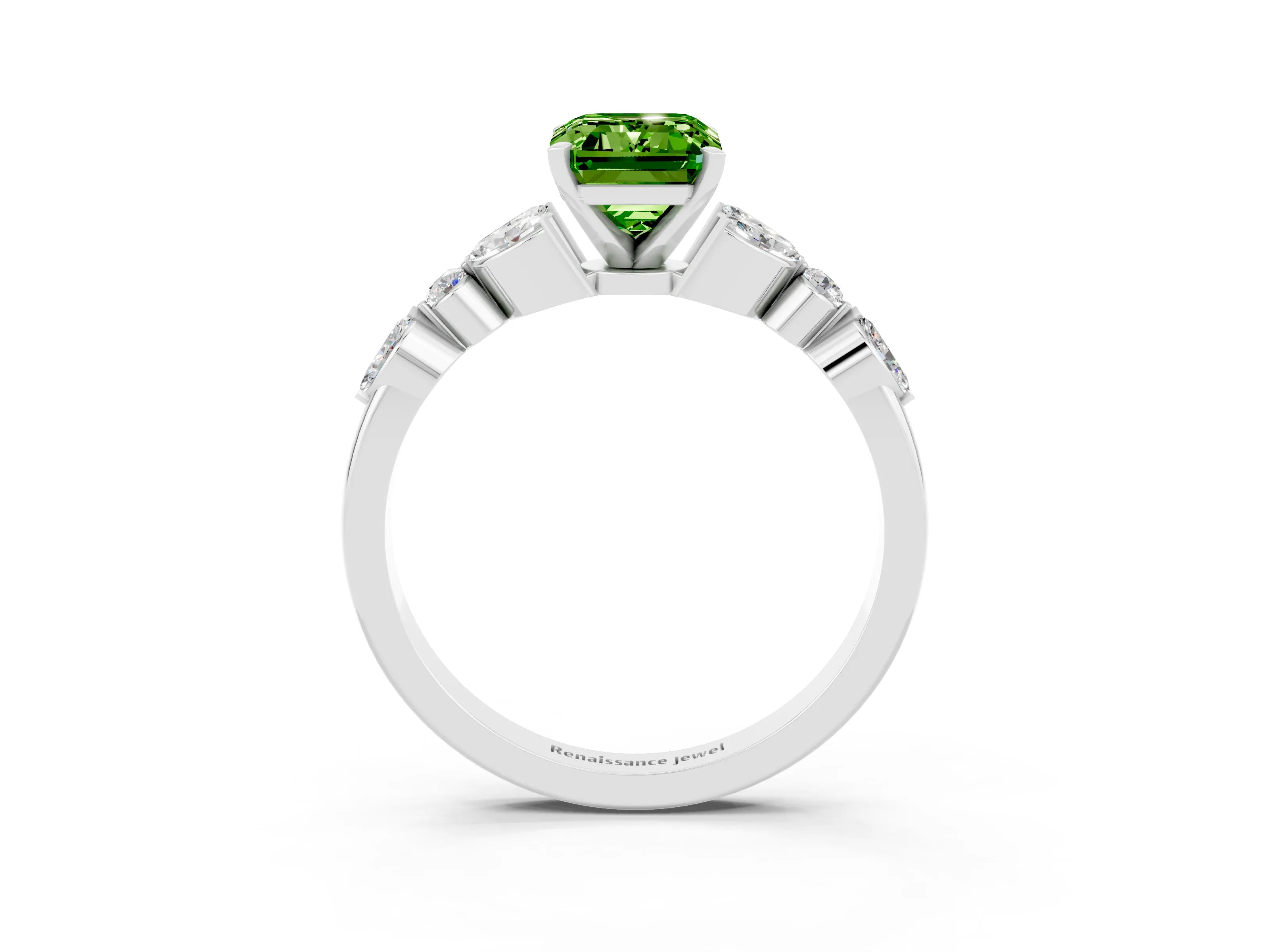 White gold Emerald Cut Peridot Solitaire Ring with Side Stones and Four-Prong Setting_27