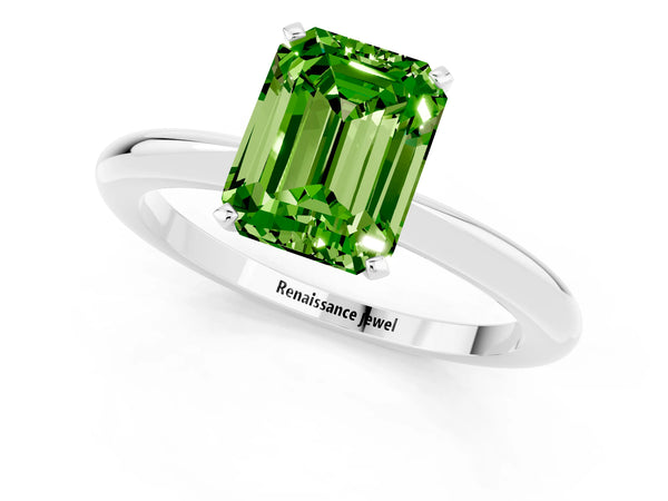 White gold Emerald Cut Peridot Solitaire Ring with Six-Prong Setting and Classic Band