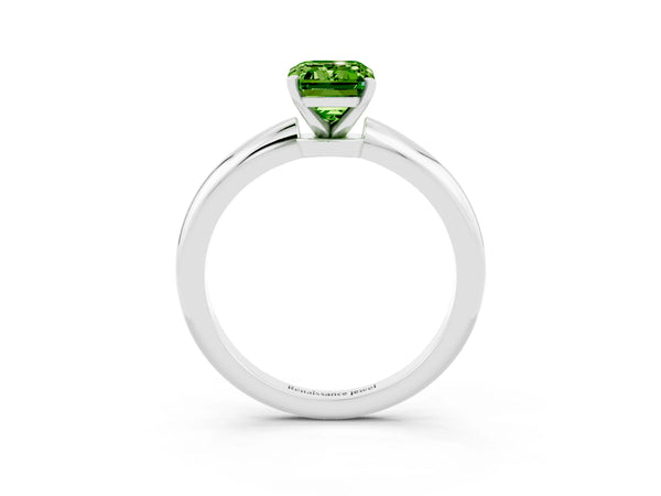 White gold Emerald Cut Peridot Solitaire Ring with Six-Prong Setting and Classic Band