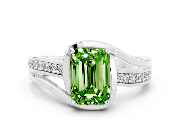 Platinum Emerald Cut Peridot Solitaire Ring with Split Shank and Prong Setting
