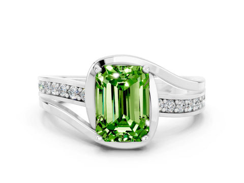 White gold Emerald Cut Peridot Solitaire Ring with Split Shank and Prong Setting