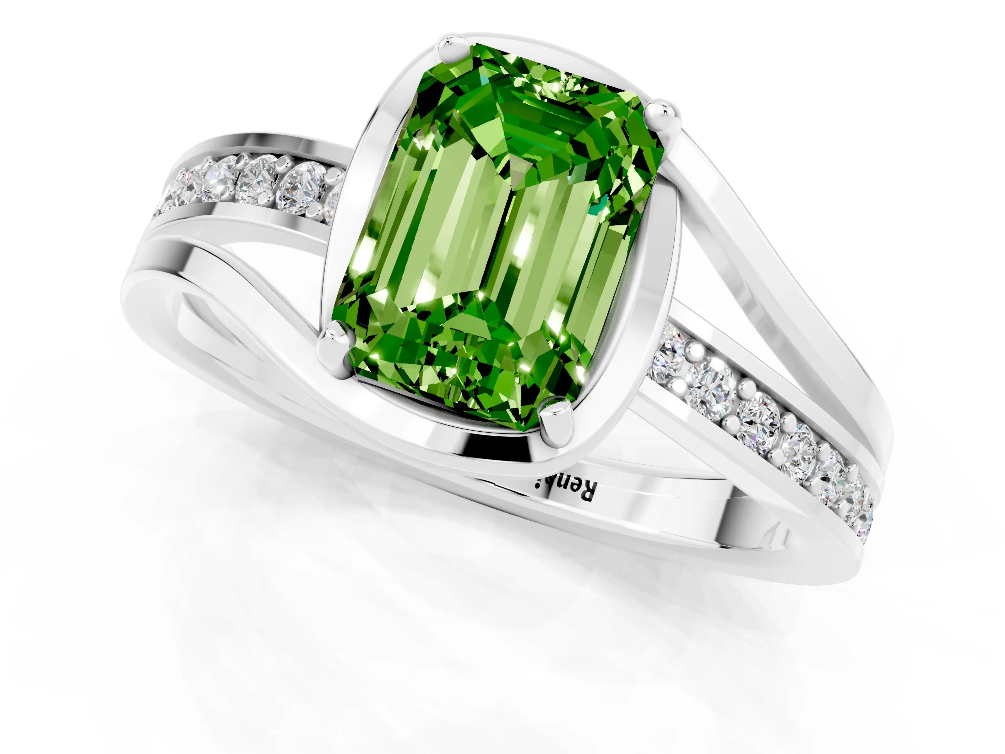 White gold Emerald Cut Peridot Solitaire Ring with Split Shank and Prong Setting_1