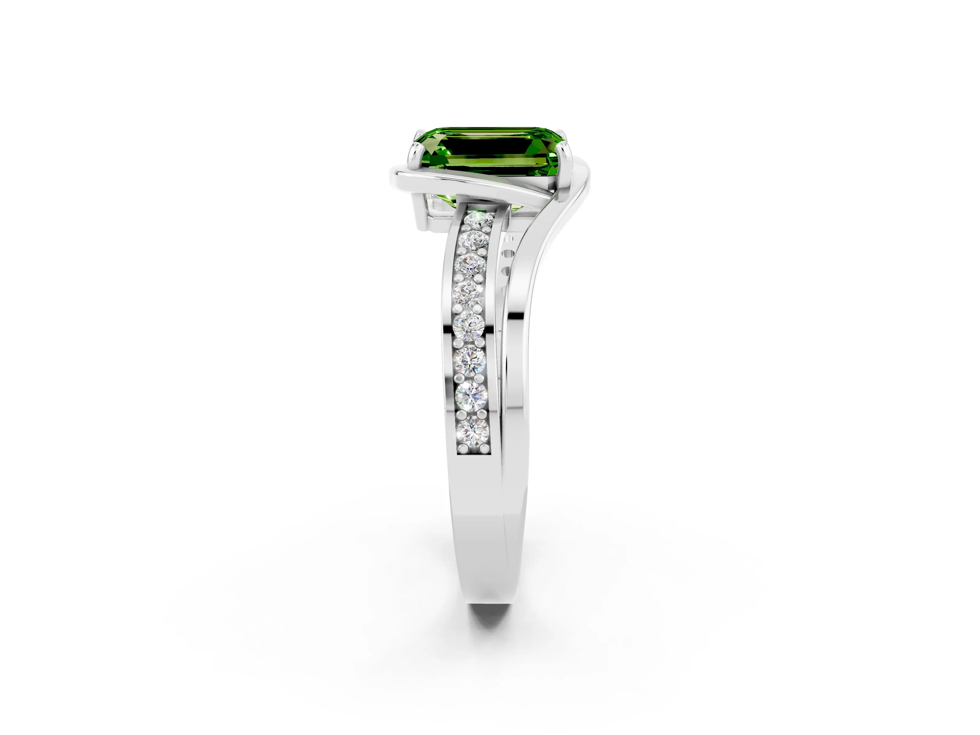 White gold Emerald Cut Peridot Solitaire Ring with Split Shank and Prong Setting_2