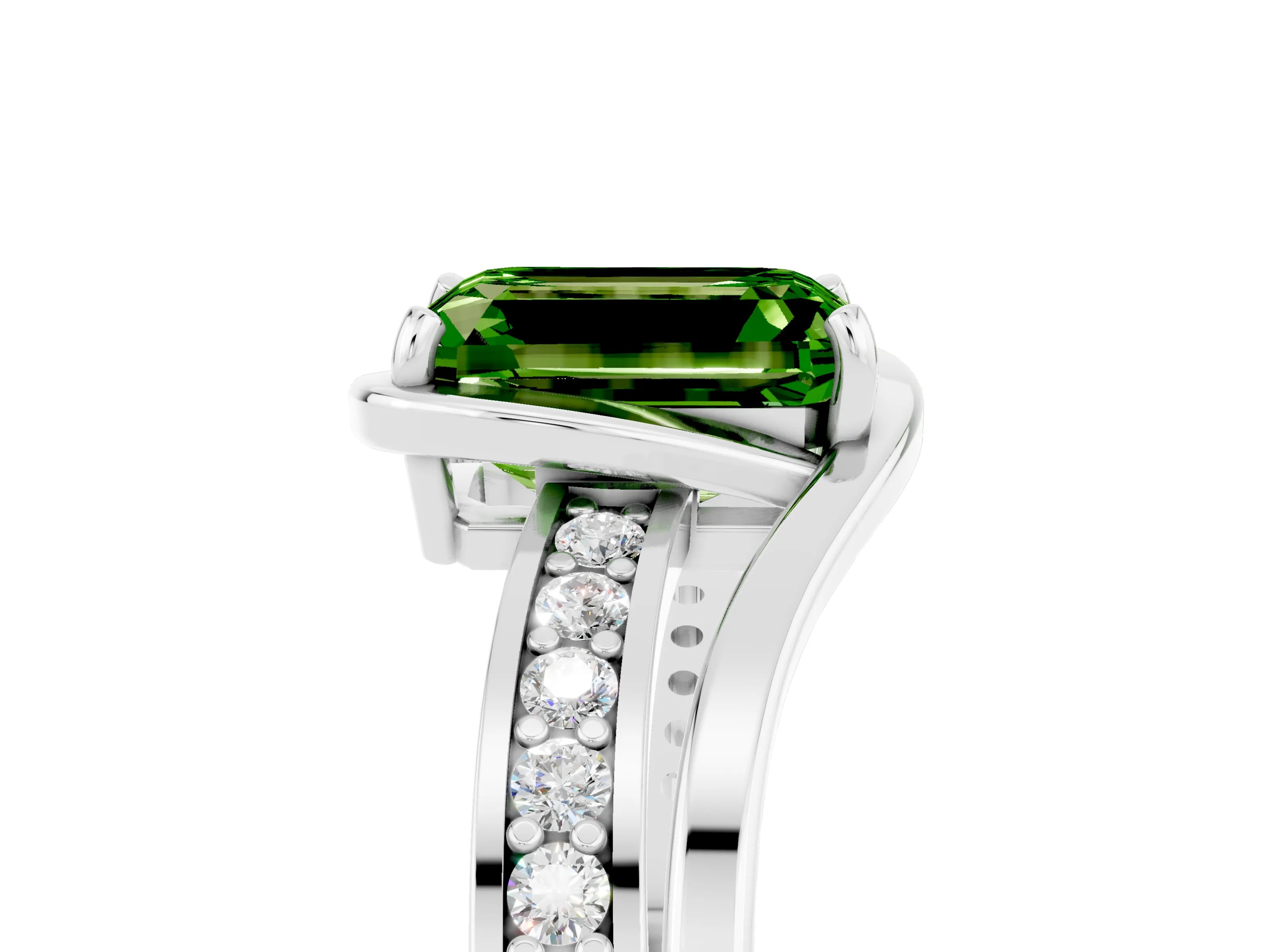 White gold Emerald Cut Peridot Solitaire Ring with Split Shank and Prong Setting_5
