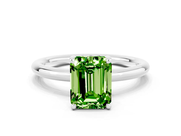 Platinum Emerald Cut Peridot Solitaire Ring with Thin Band and Four-Prong Setting