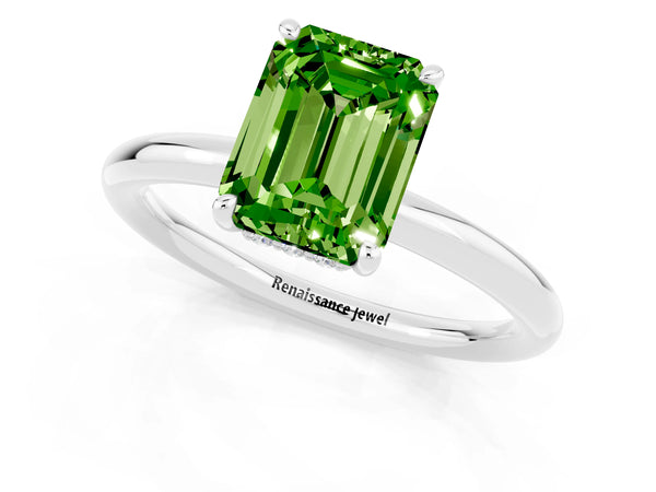 White gold Emerald Cut Peridot Solitaire Ring with Thin Band and Four-Prong Setting