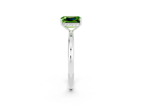 Silver Emerald Cut Peridot Solitaire Ring with Thin Band and Four-Prong Setting
