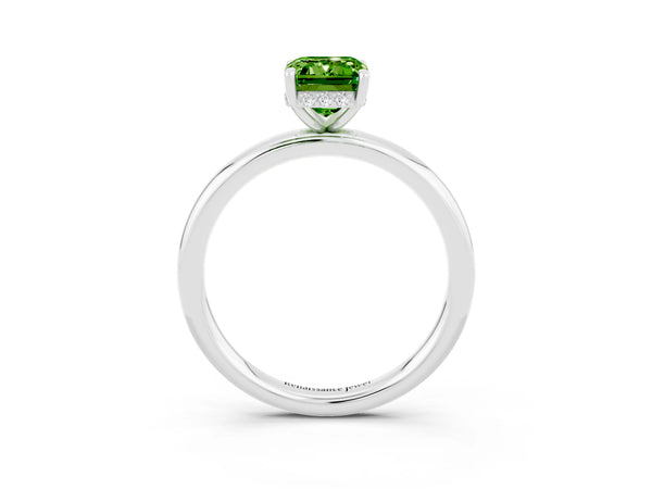 White gold Emerald Cut Peridot Solitaire Ring with Thin Band and Four-Prong Setting
