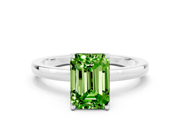White gold Emerald Cut Peridot Solitaire Ring with Thin Band and Prong Setting