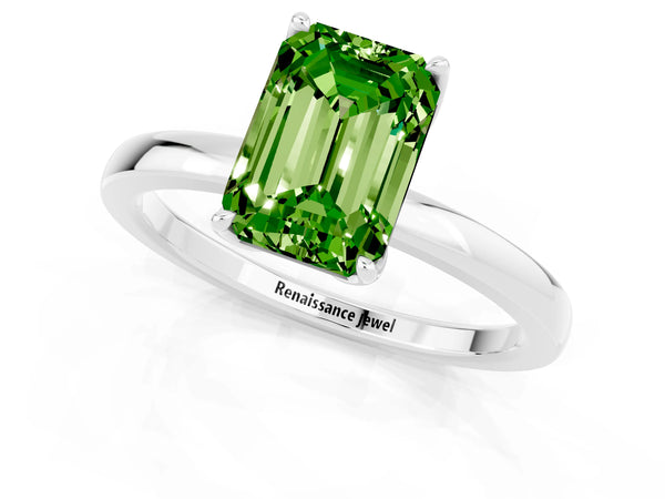Silver Emerald Cut Peridot Solitaire Ring with Thin Band and Prong Setting
