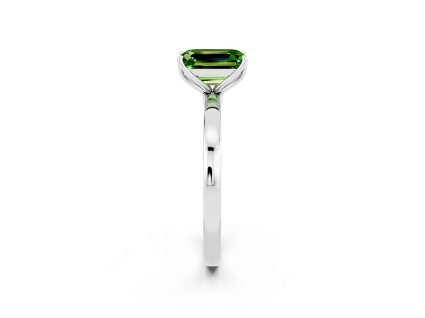 Platinum Emerald Cut Peridot Solitaire Ring with Thin Band and Prong Setting