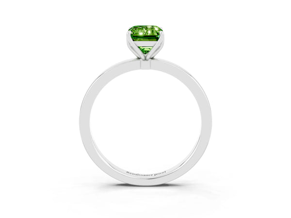 Platinum Emerald Cut Peridot Solitaire Ring with Thin Band and Prong Setting