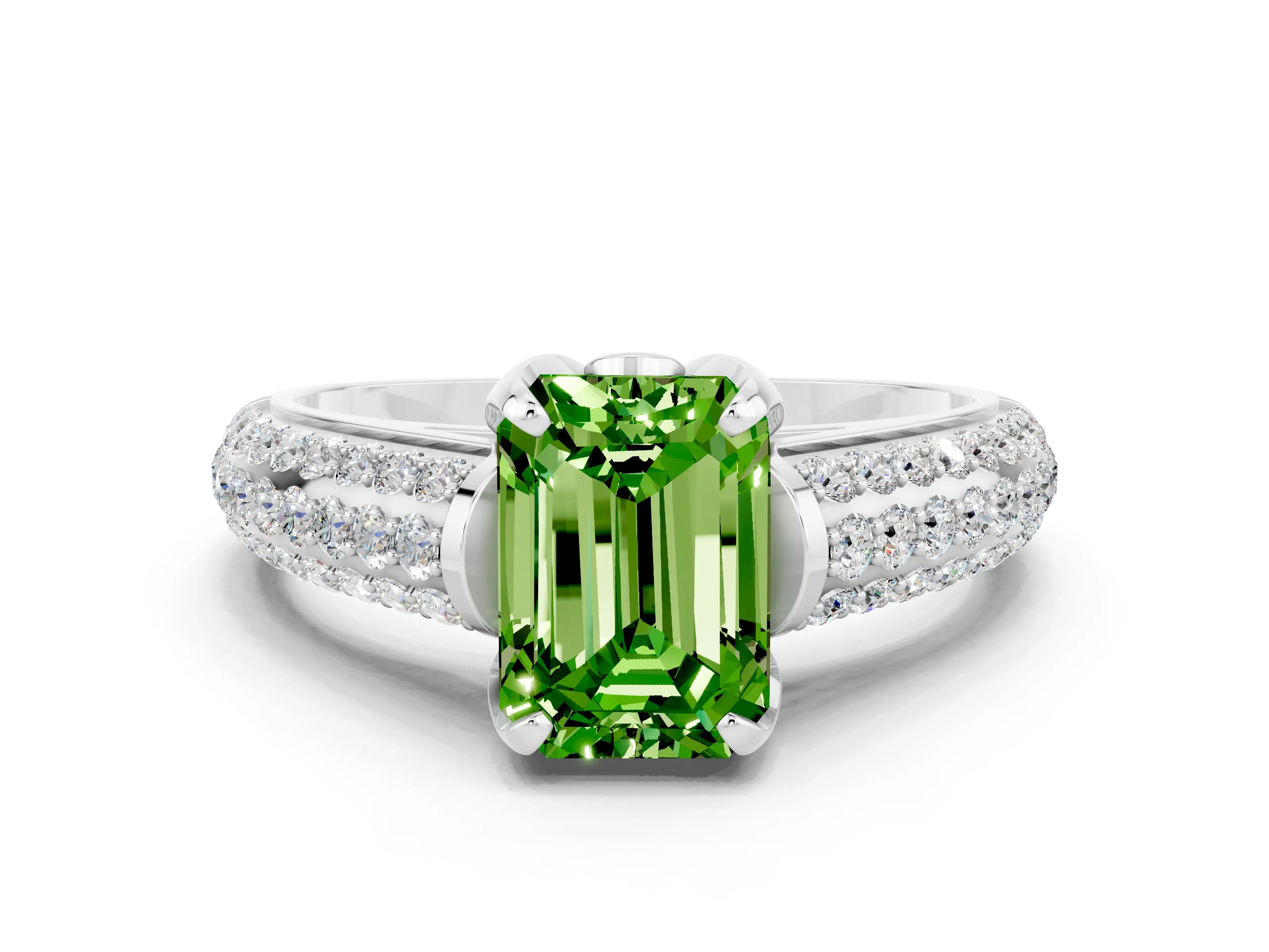 White gold Emerald Cut Peridot Solitaire Ring with Three-Row Pavé Band and Four-Prong Setting_12