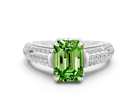 White gold Emerald Cut Peridot Solitaire Ring with Three-Row Pavé Band and Four-Prong Setting_12