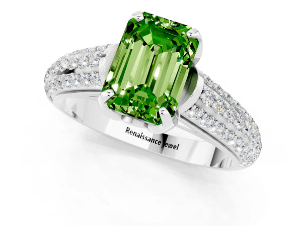 White gold Emerald Cut Peridot Solitaire Ring with Three-Row Pavé Band and Four-Prong Setting