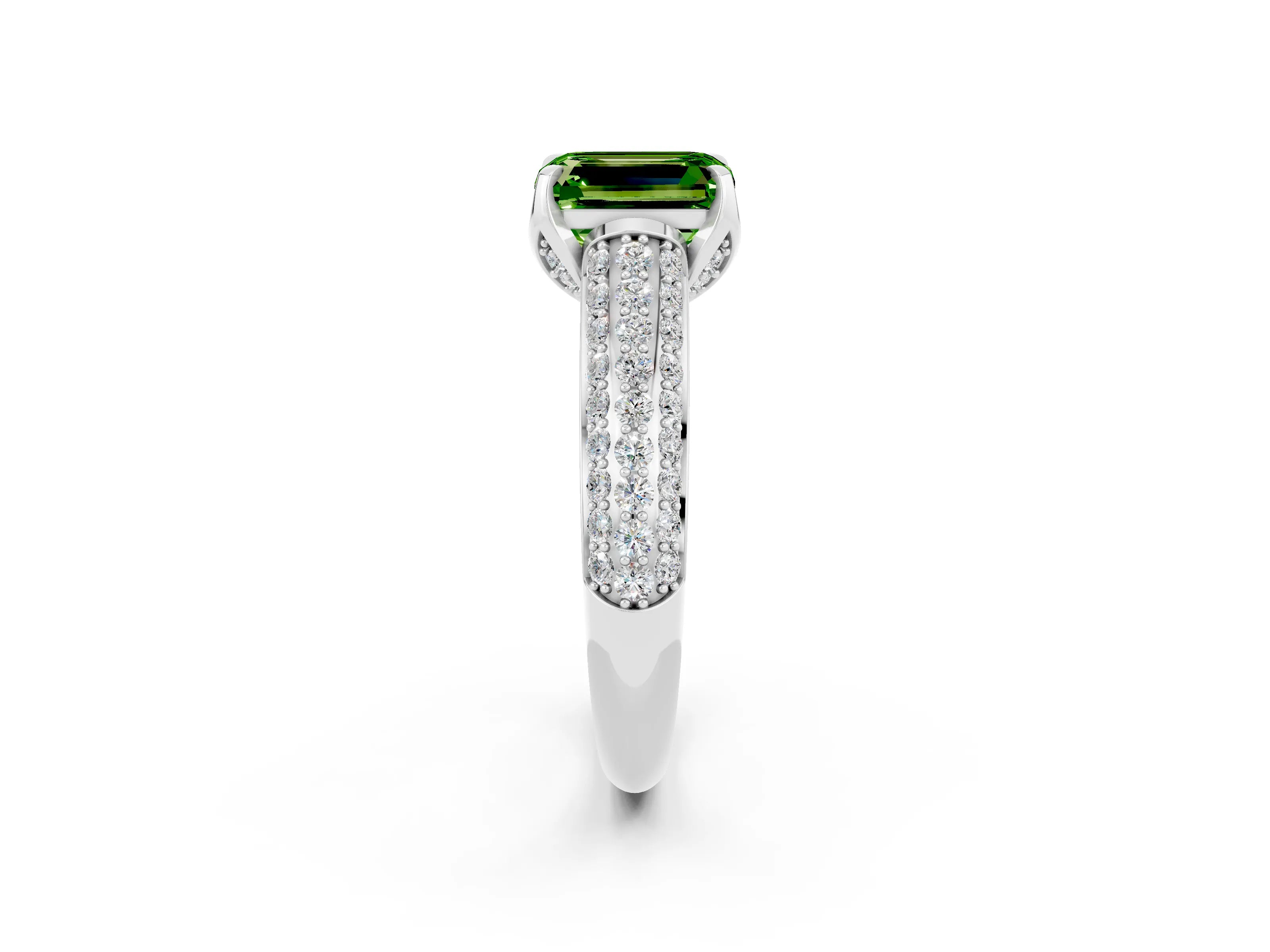 White gold Emerald Cut Peridot Solitaire Ring with Three-Row Pavé Band and Four-Prong Setting_14