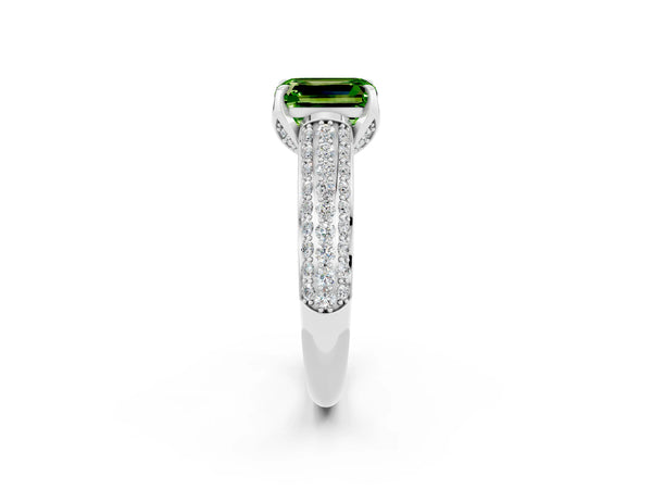White gold Emerald Cut Peridot Solitaire Ring with Three-Row Pavé Band and Four-Prong Setting