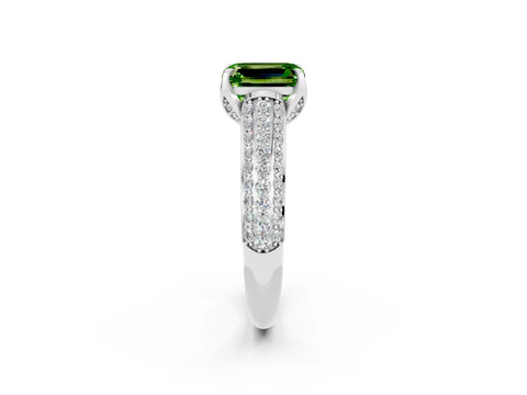 White gold Emerald Cut Peridot Solitaire Ring with Three-Row Pavé Band and Four-Prong Setting_14
