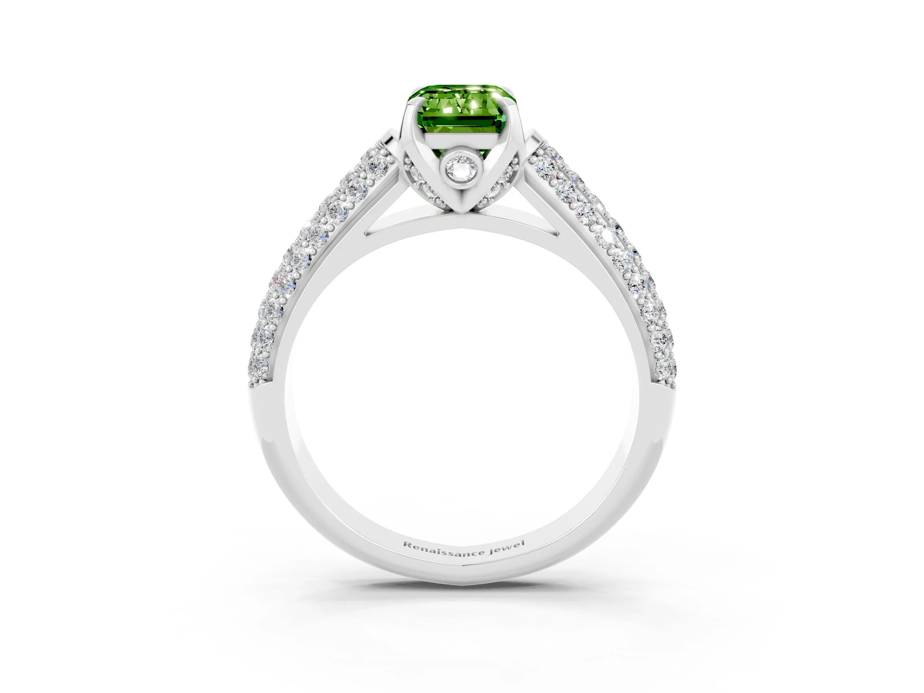 White gold Emerald Cut Peridot Solitaire Ring with Three-Row Pavé Band and Four-Prong Setting_15