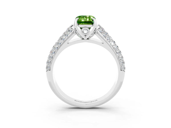 Silver Emerald Cut Peridot Solitaire Ring with Three-Row Pavé Band and Four-Prong Setting