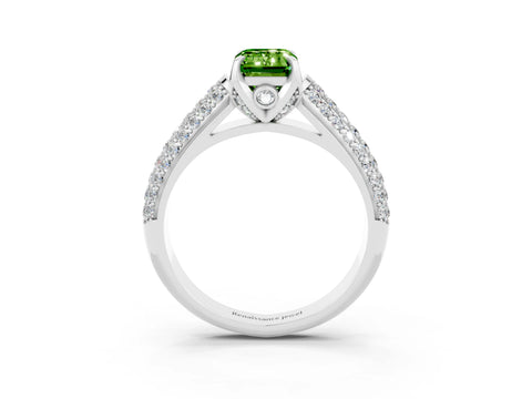 White gold Emerald Cut Peridot Solitaire Ring with Three-Row Pavé Band and Four-Prong Setting_15