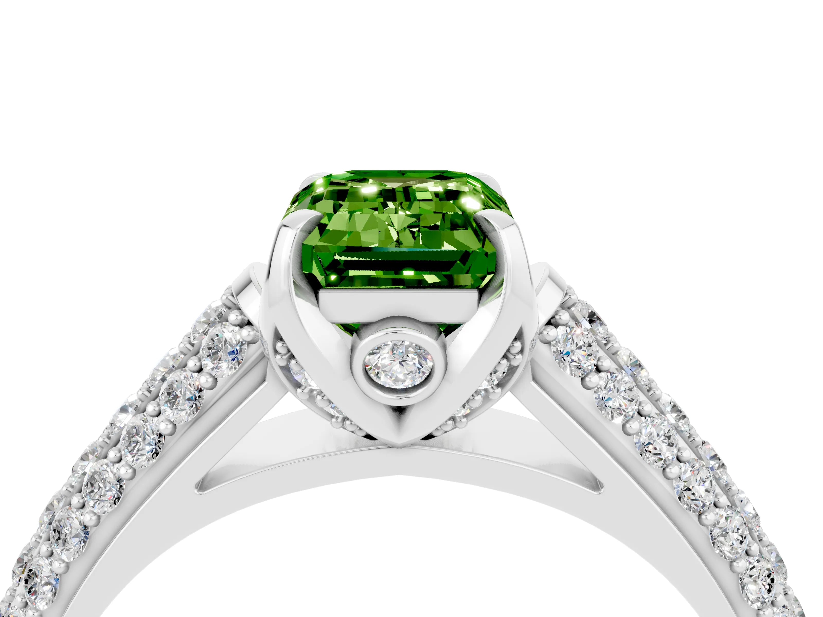 White gold Emerald Cut Peridot Solitaire Ring with Three-Row Pavé Band and Four-Prong Setting_16