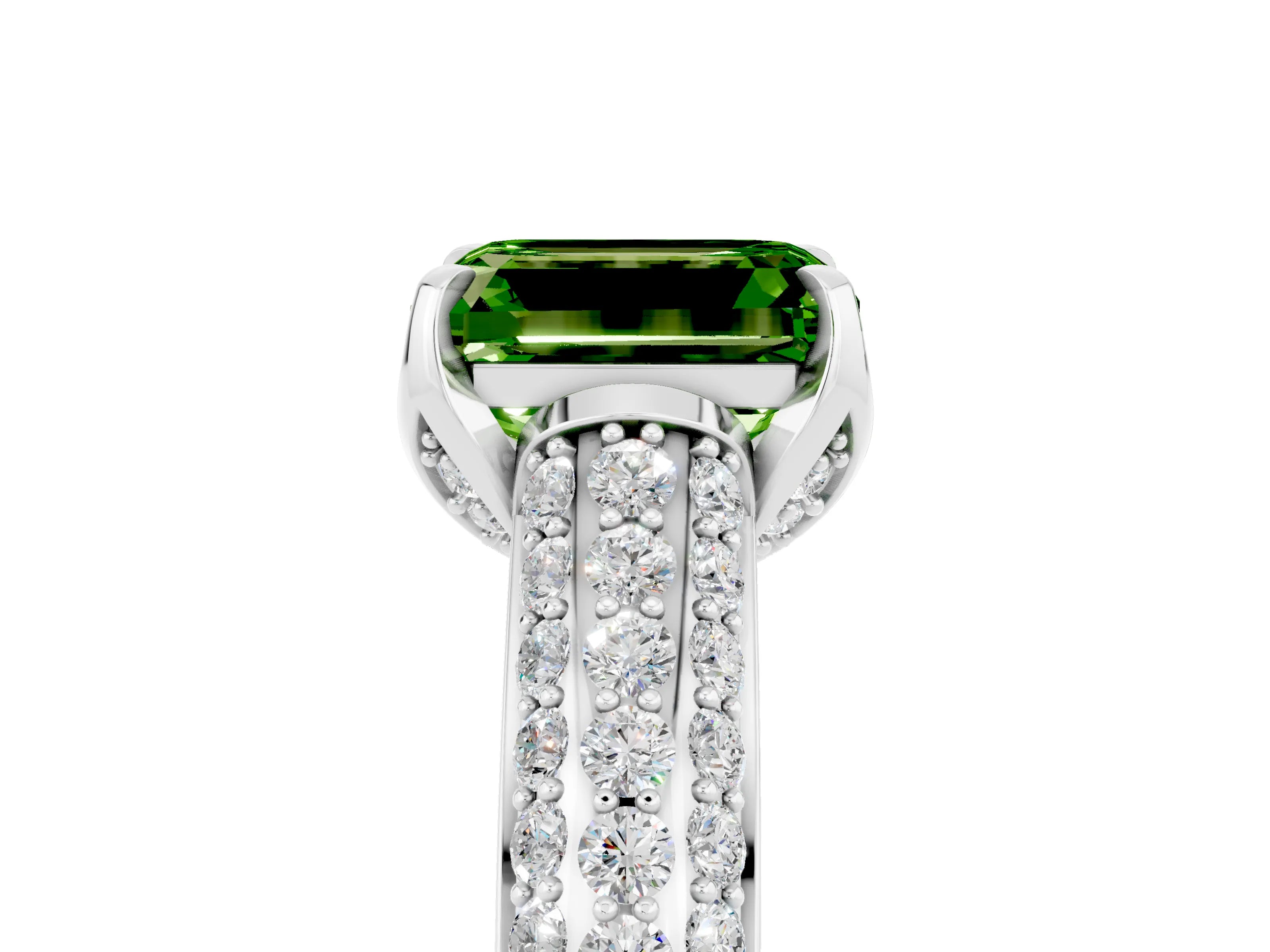 White gold Emerald Cut Peridot Solitaire Ring with Three-Row Pavé Band and Four-Prong Setting_17