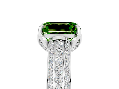 White gold Emerald Cut Peridot Solitaire Ring with Three-Row Pavé Band and Four-Prong Setting_17