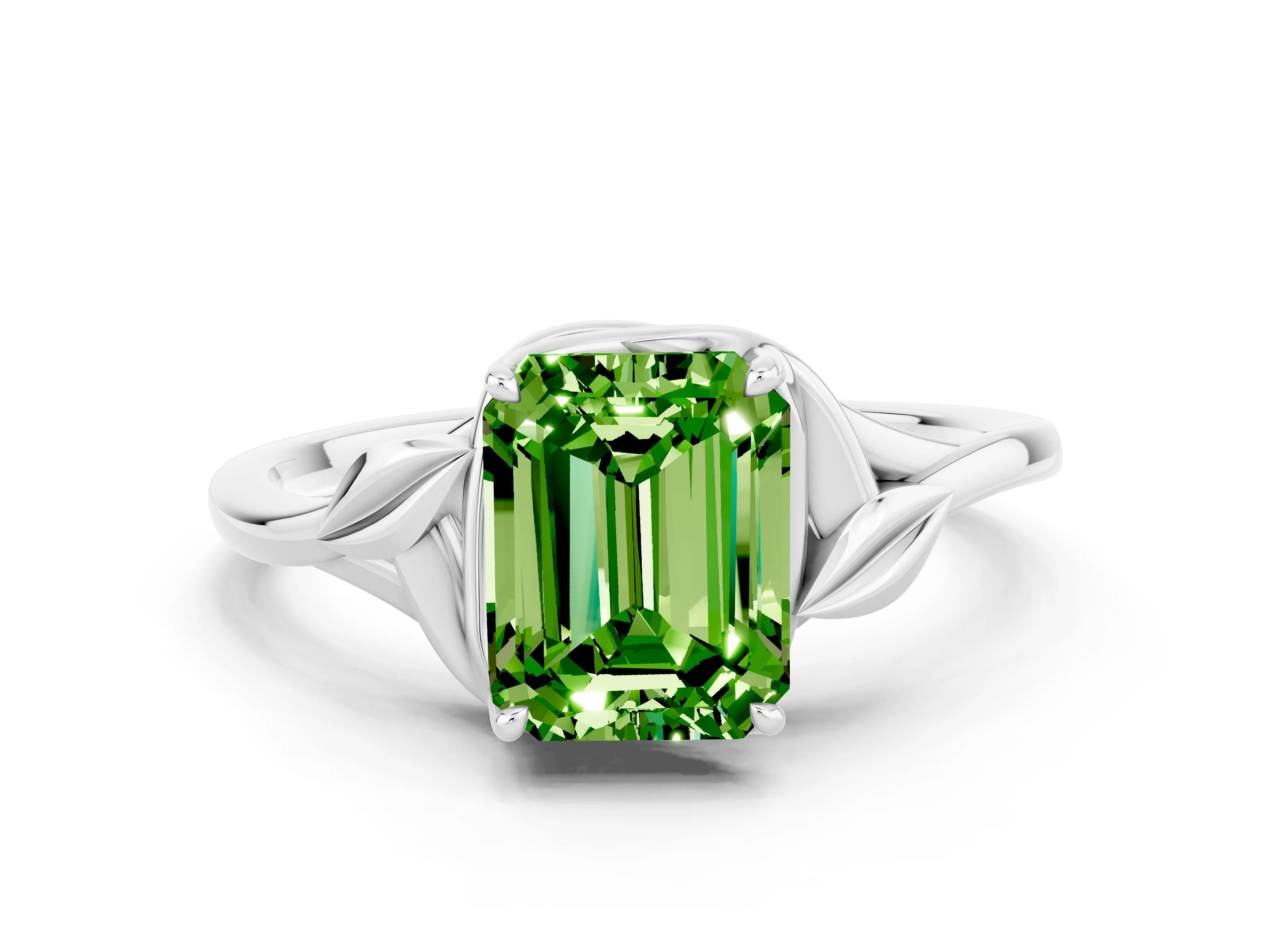 White gold Emerald Cut Peridot Solitaire Ring with Twist Band and Four-Prong Setting_12