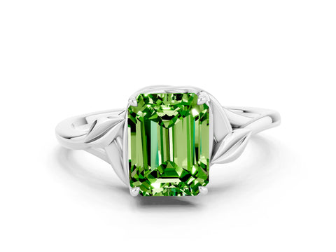 White gold Emerald Cut Peridot Solitaire Ring with Twist Band and Four-Prong Setting_12