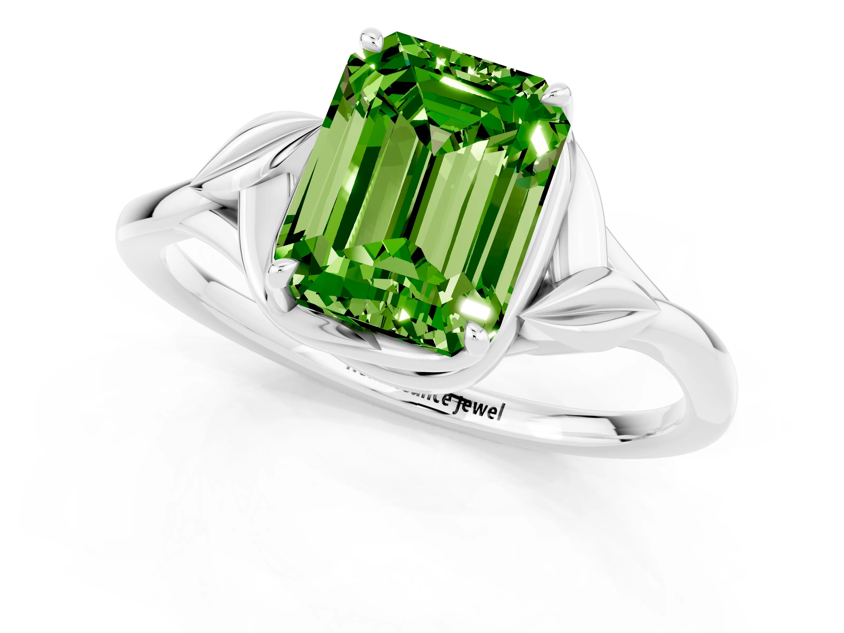 White gold Emerald Cut Peridot Solitaire Ring with Twist Band and Four-Prong Setting_13