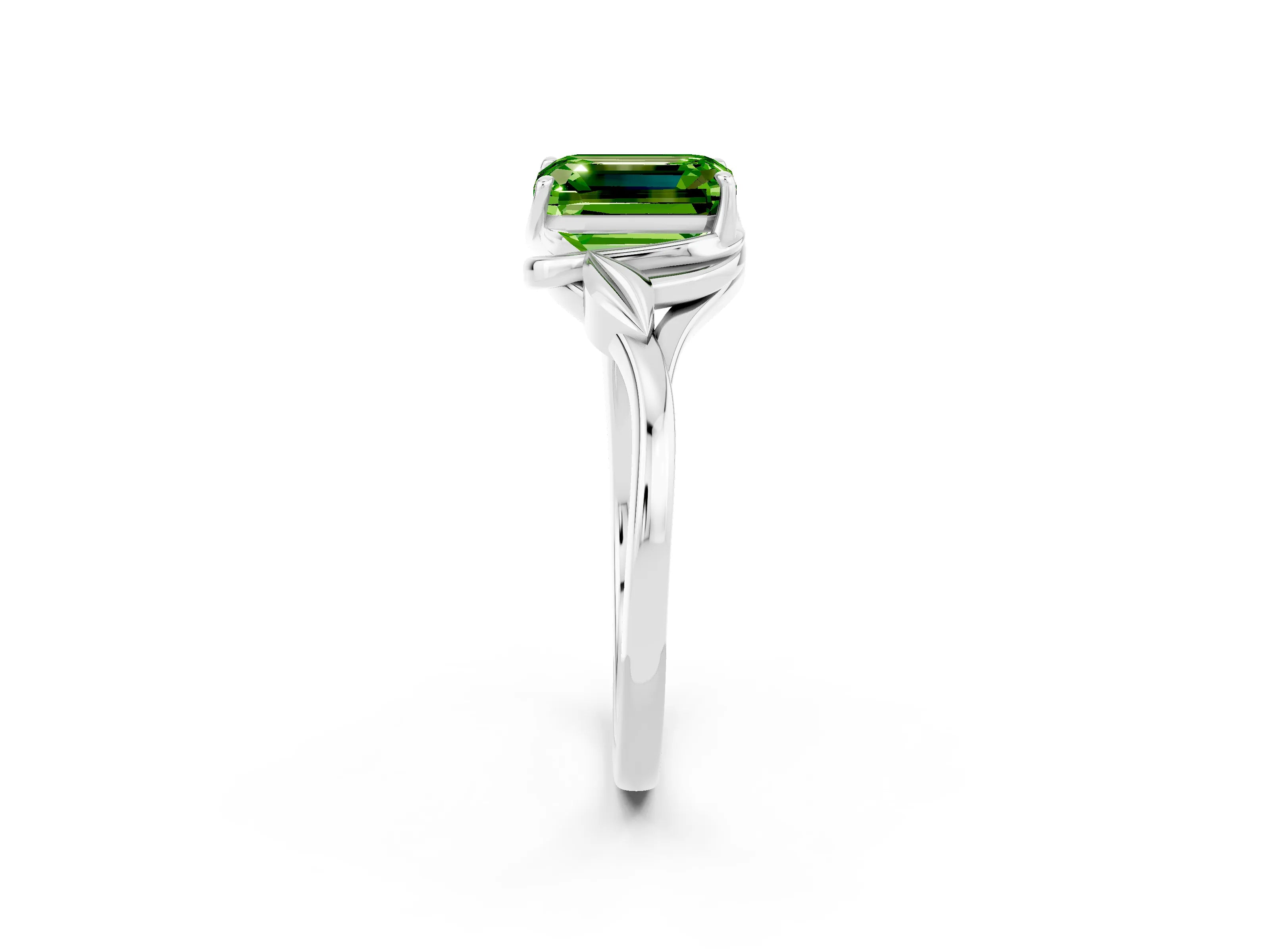 White gold Emerald Cut Peridot Solitaire Ring with Twist Band and Four-Prong Setting_14