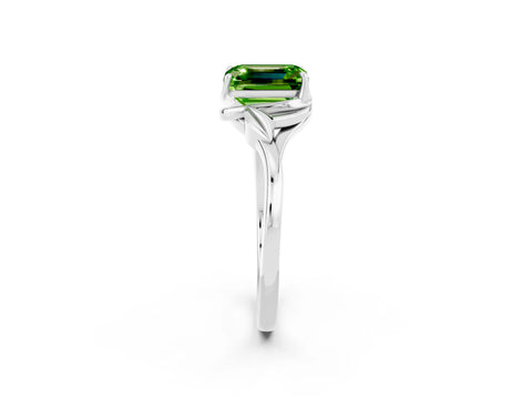 White gold Emerald Cut Peridot Solitaire Ring with Twist Band and Four-Prong Setting_14