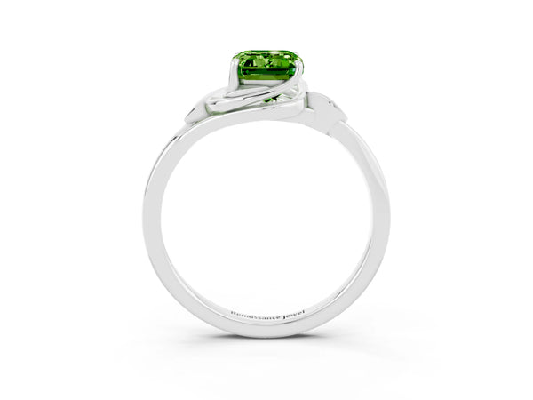 Platinum Emerald Cut Peridot Solitaire Ring with Twist Band and Four-Prong Setting