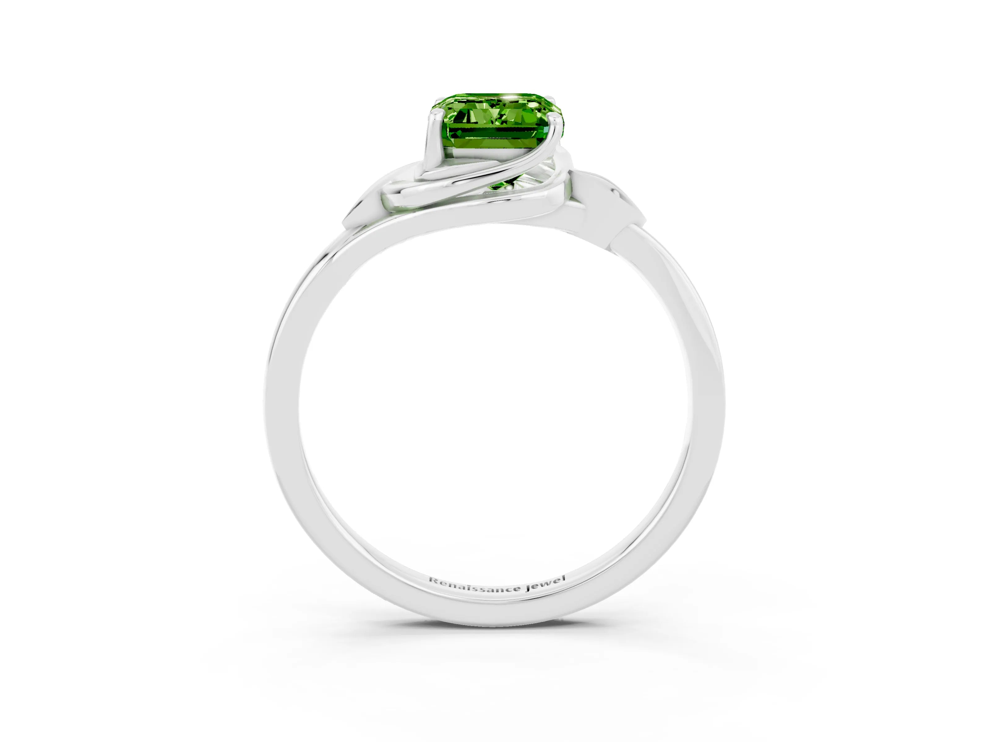 White gold Emerald Cut Peridot Solitaire Ring with Twist Band and Four-Prong Setting_15