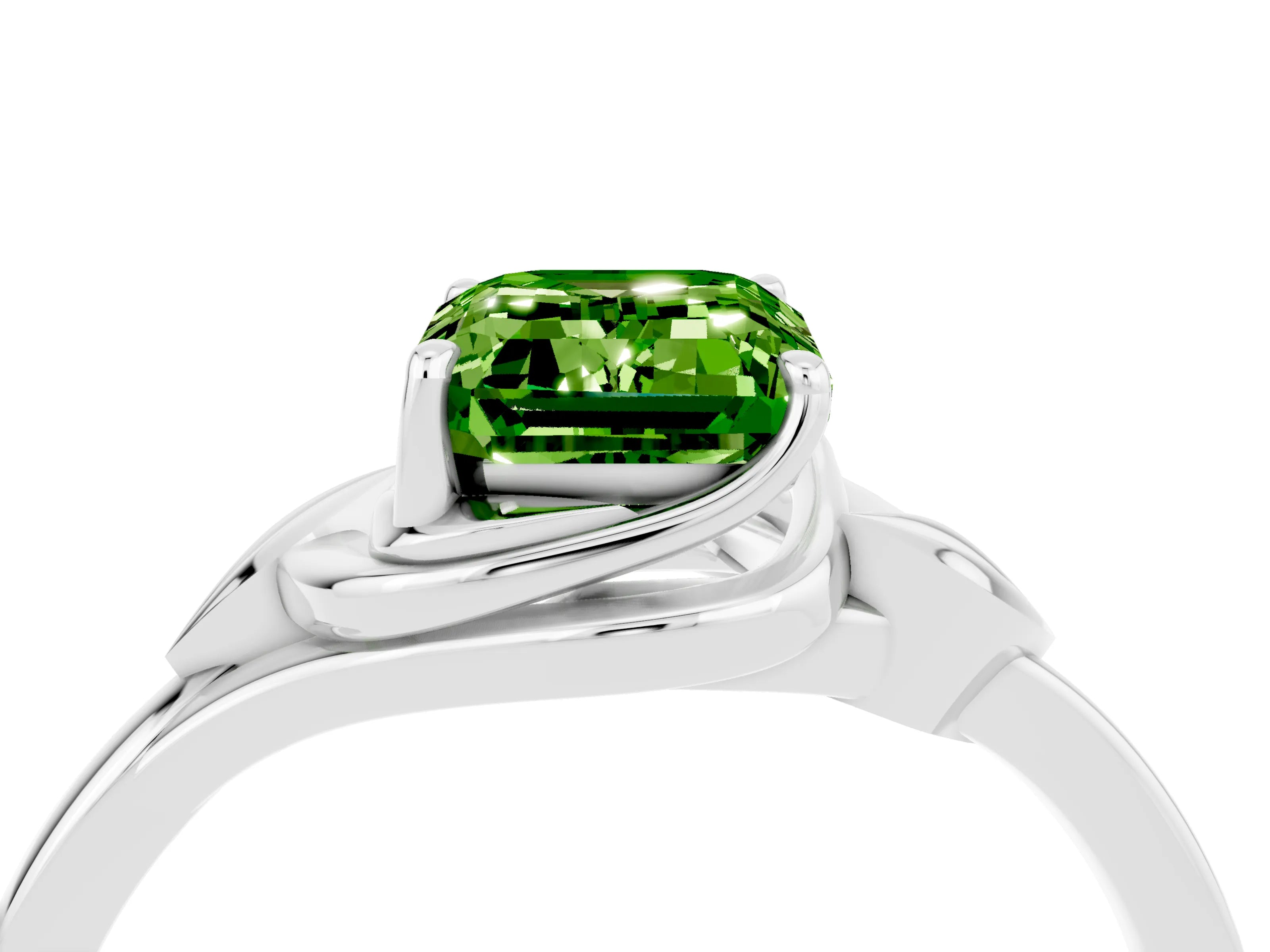White gold Emerald Cut Peridot Solitaire Ring with Twist Band and Four-Prong Setting_16