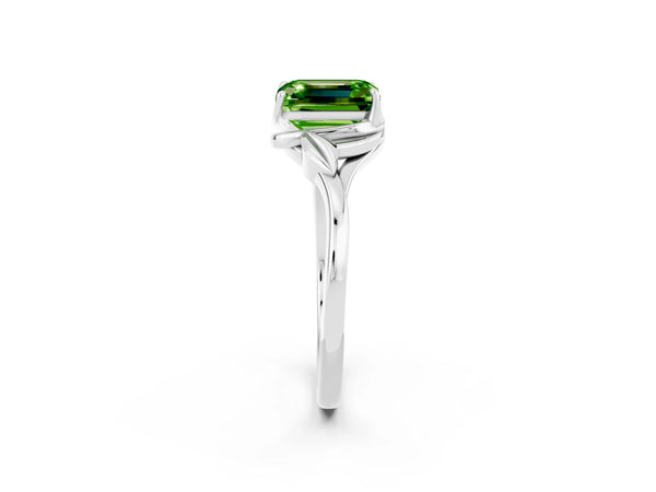 White gold Emerald Cut Peridot Solitaire Ring with Twist Band and Four-Prong Setting