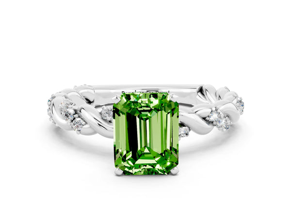 White gold Emerald Cut Peridot Solitaire Ring with Twisted Band and Pavé Accents